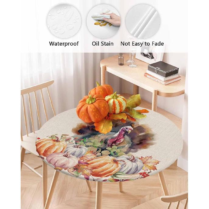 Thanksgiving Round Fitted Tablecloth with Elastic Edge,Watercolor Turkey Pumpkin Table Cloth for Round Tables,Farm Harvest Autumn Table Cover for