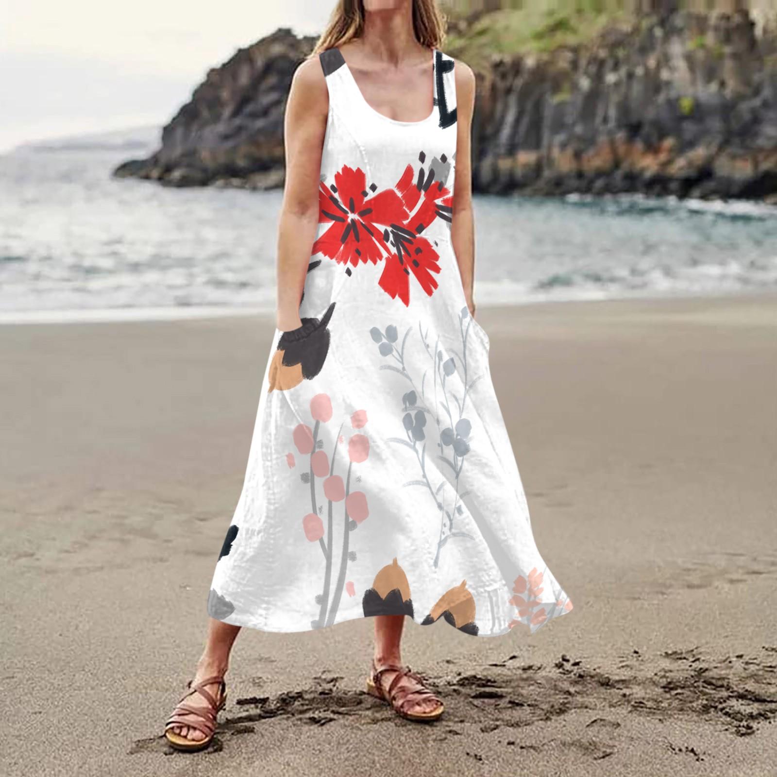 Женское повседневное удобное хлопковое карманное платье без рукавов с цветочным принтом — фото 9