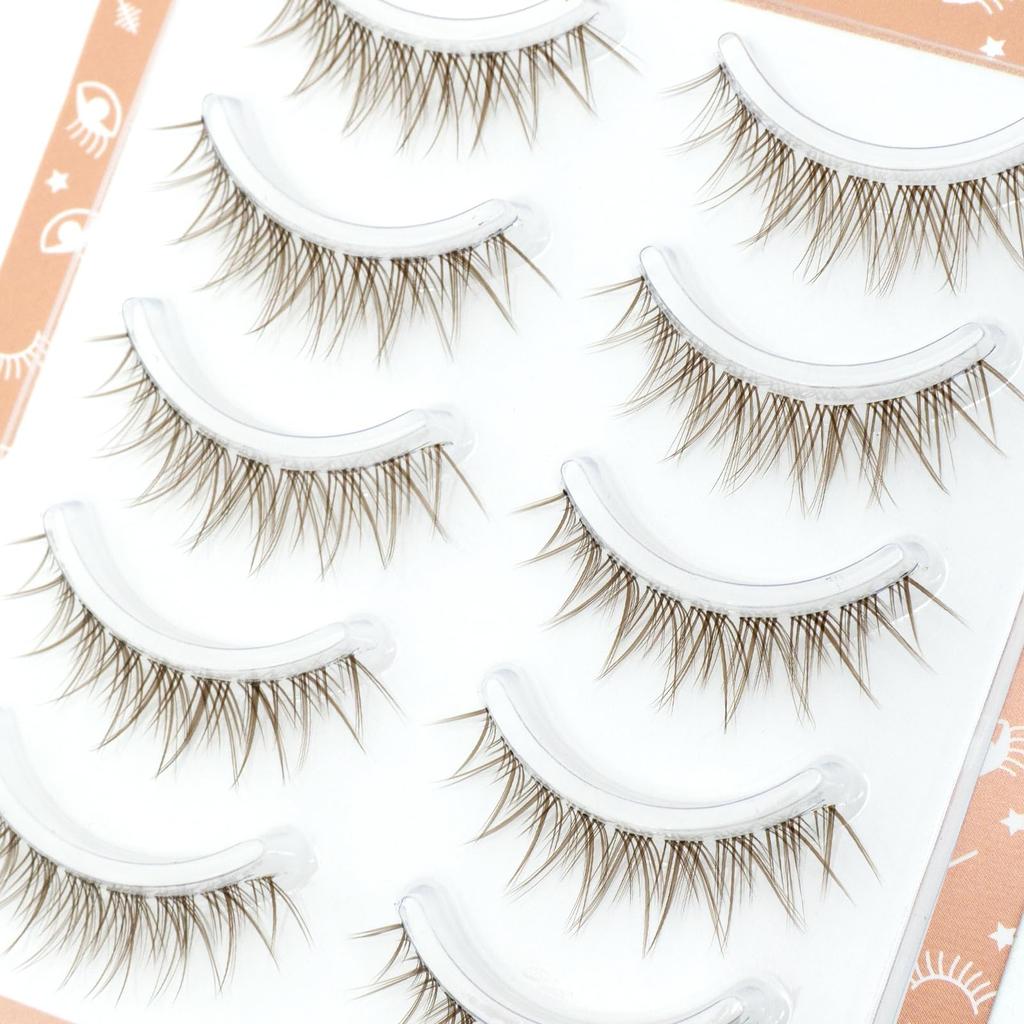 LASHIDOL Brown False 5 Natural Thin Transparent DIY Natural Clumped Idol Style Eyelashes, Pairs, Look, Band, Style, Look, Beginner-Friendly, Cute,