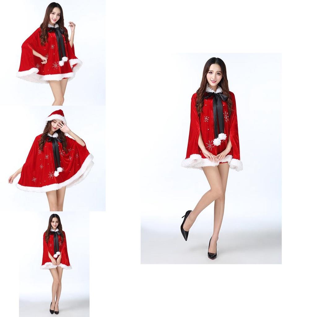 Stunning Women Christmas Red Velvet Santa Claus Cloak Cape Hooded Xmas Cosplay Costume