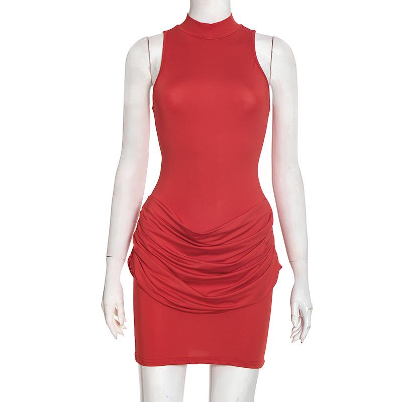 European & American Women s Winter Solid Slim Fit Round Neck Sleeveless Mini Dress Large