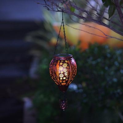 Flower Hollow Out Solar Powered Hot Air Balloon Lantern Outdoor Waterproof, Metal Hanging Light for Outdoor Patio Garden Decor
