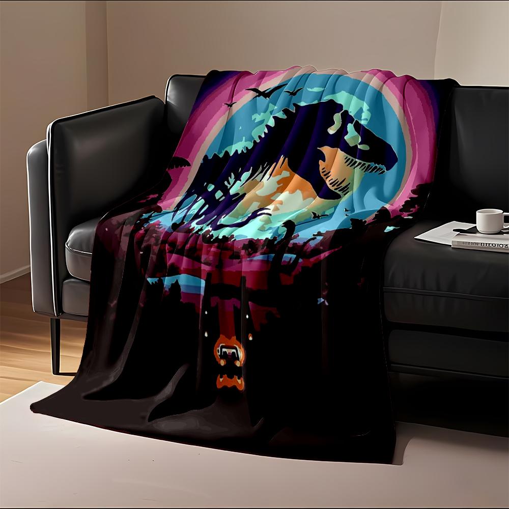 Colorful Dinosaur Jungle Scene at Sunset Flannel blanket for bedroom, living room, sofa, and nap sofas