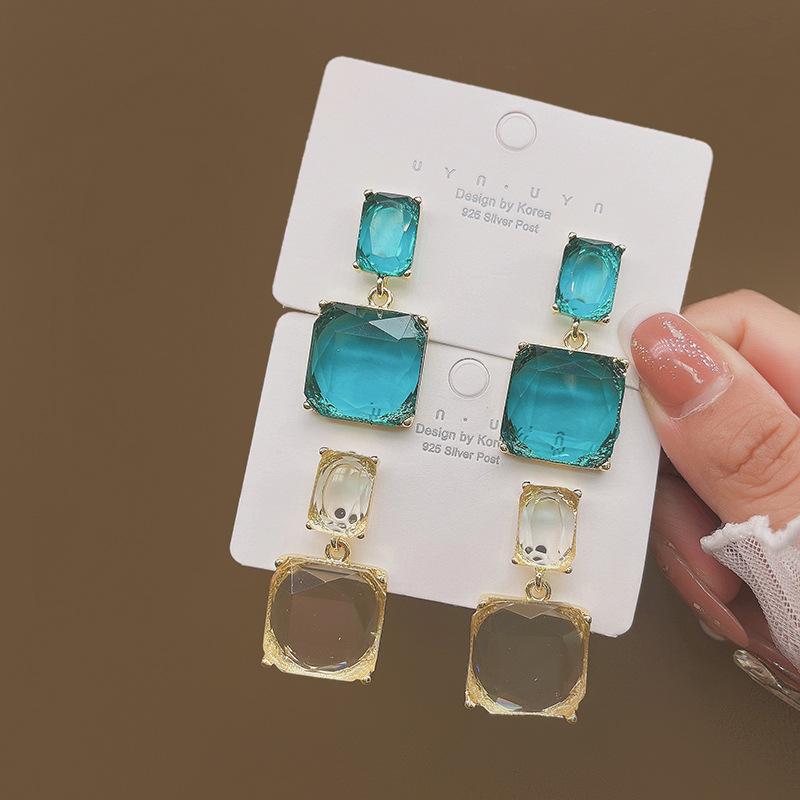 Geometric Square Crystal Earrings, Cold Wind Transparent Gemstone Stud Earrings, High-End Square Earrings For Women