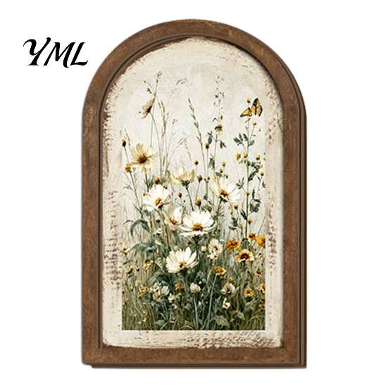 Farmhouse Style Wood Frame Arched Wooden Framed Wall Art, Wildflower Oil Painting Prints, Art Vintage Ornament for Living Room Bedroom Entryway,