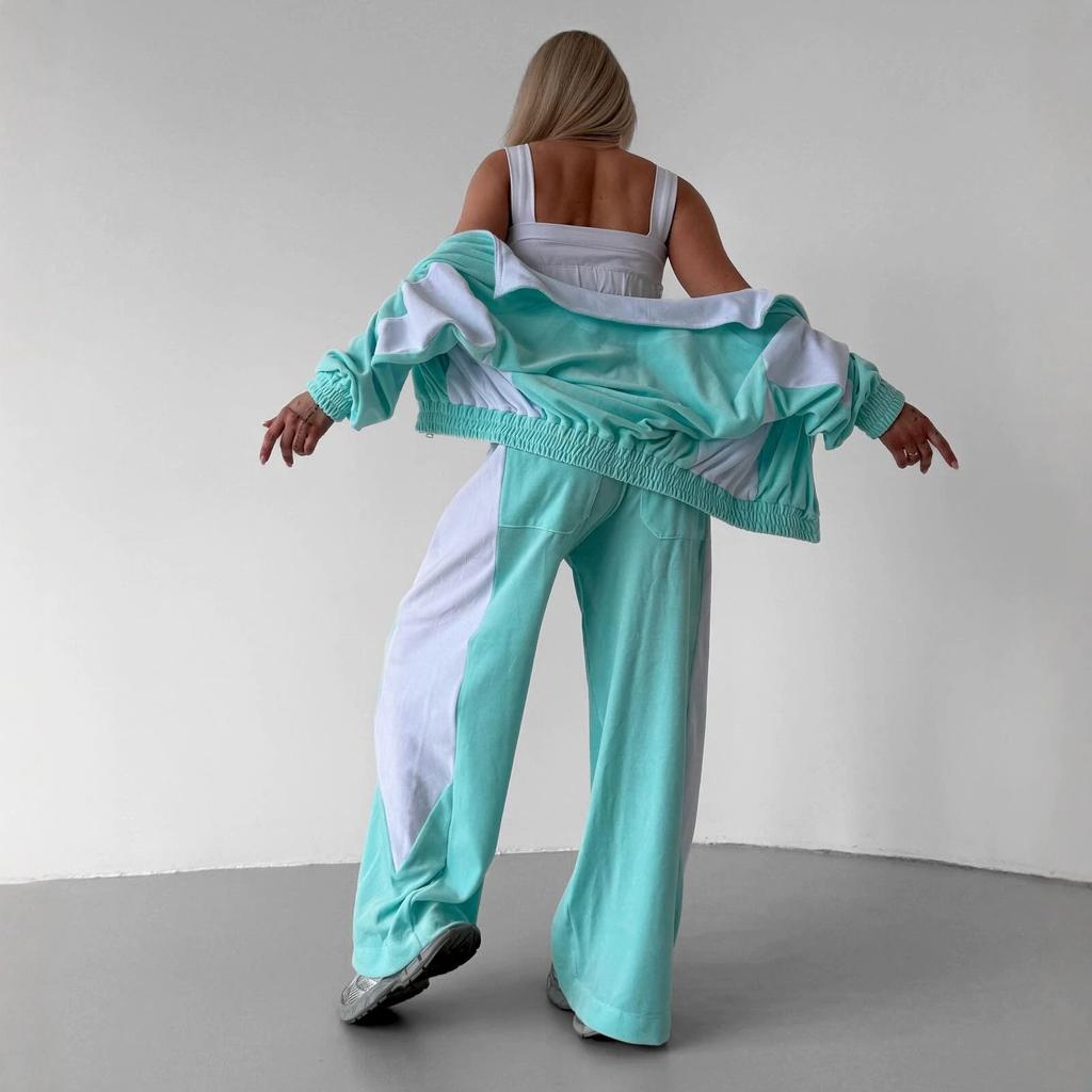 European and American velvet color matching two-piece set stand-up collar zipper jacket elastic drawstring wide-leg pants set women