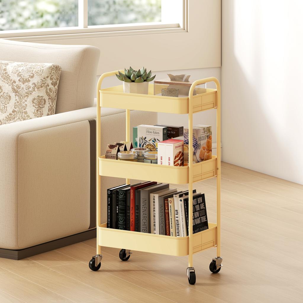 Serving Cart, Steel Trolley, 3 Perforated Shelves, 45 x 30.6 x 79 cm, Yellow
