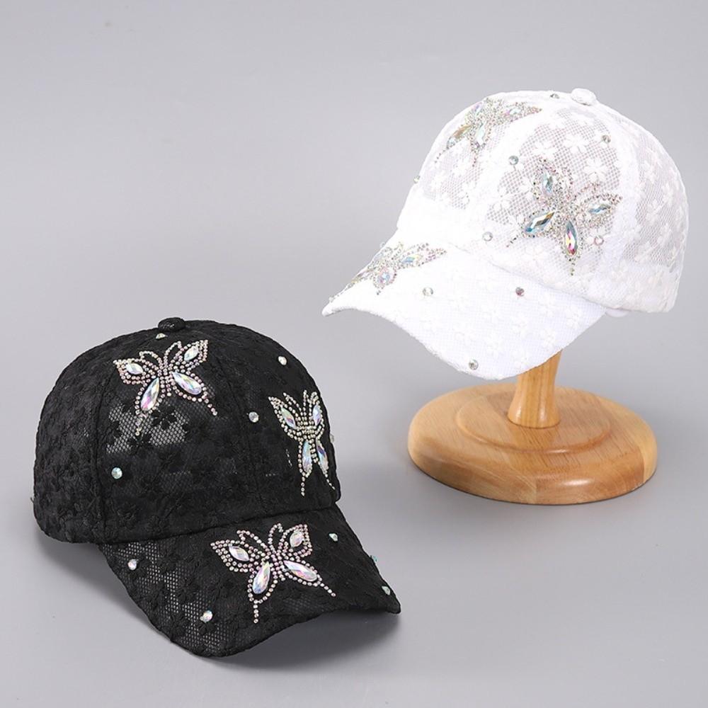 Butterfly Flower Baseball Cap Rhinestone Mesh Peaked Hat Breathable Visors Cap Women