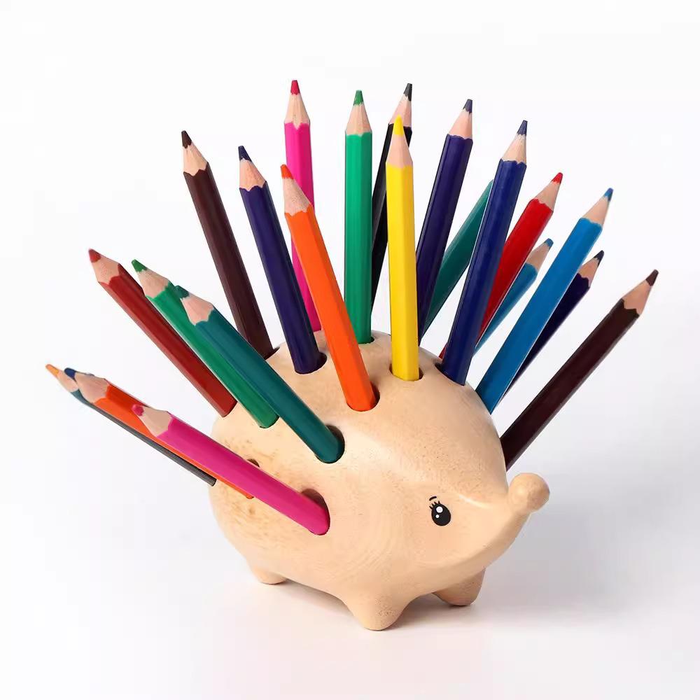 21 Holes Pencil Stand Set Wooden Art Pen Container Multi-function Hedgehog Pen Holder  Desk Storage