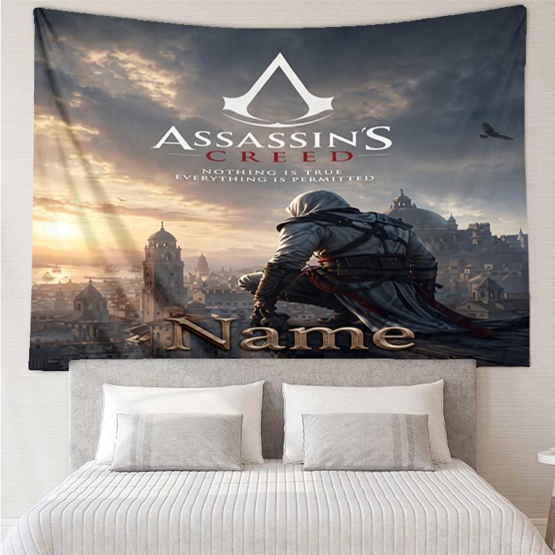 Custom Name Assassin's Creed Print Tapestry, Backdrop, Easy Setup, Ideal for Bedroom, Office & Living Room, with Aesthetic Wall Hanging Decor.