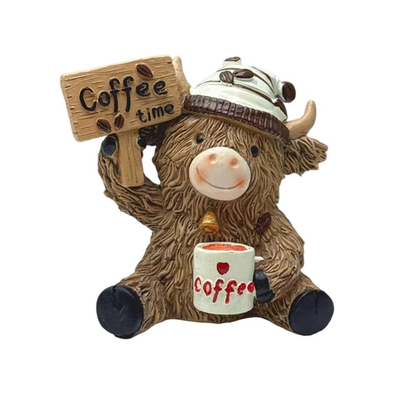 Coffee Highlands Cow Figurines Farmhouse Decors,Resins Animal Statue Table Ornament Garden Bookshelfs Decors Calf Lover