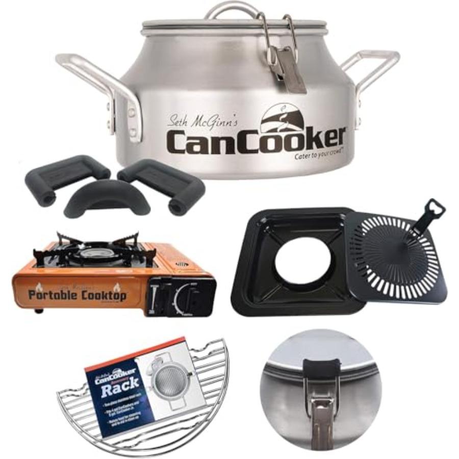 

Camping Cookware Butane Stove with Portable Grill Top Conversion Steam Cooker Pot Rack Handle Cover