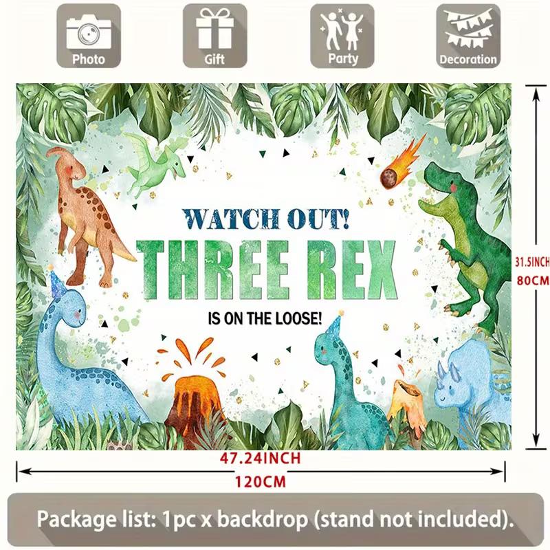 2D Flat Watercolor Jungle Dinosaur Backdrop for Boy's Third Birthday Decoration