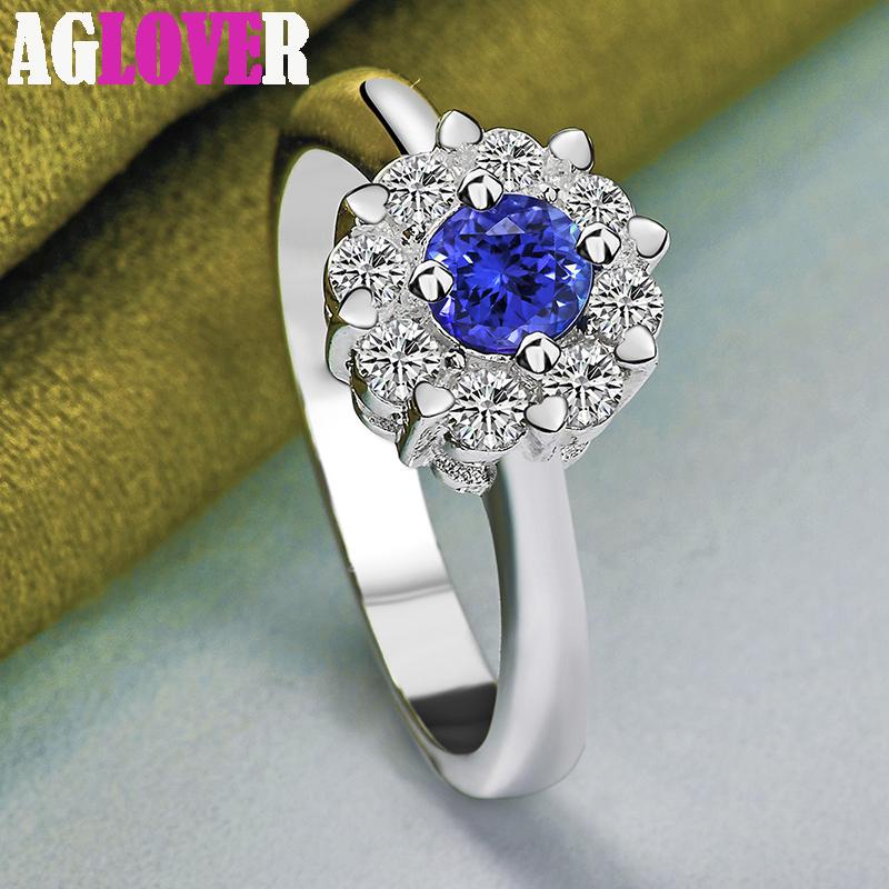 925 Sterling Silver Bule Round AAA Zircon Ring Jewelry