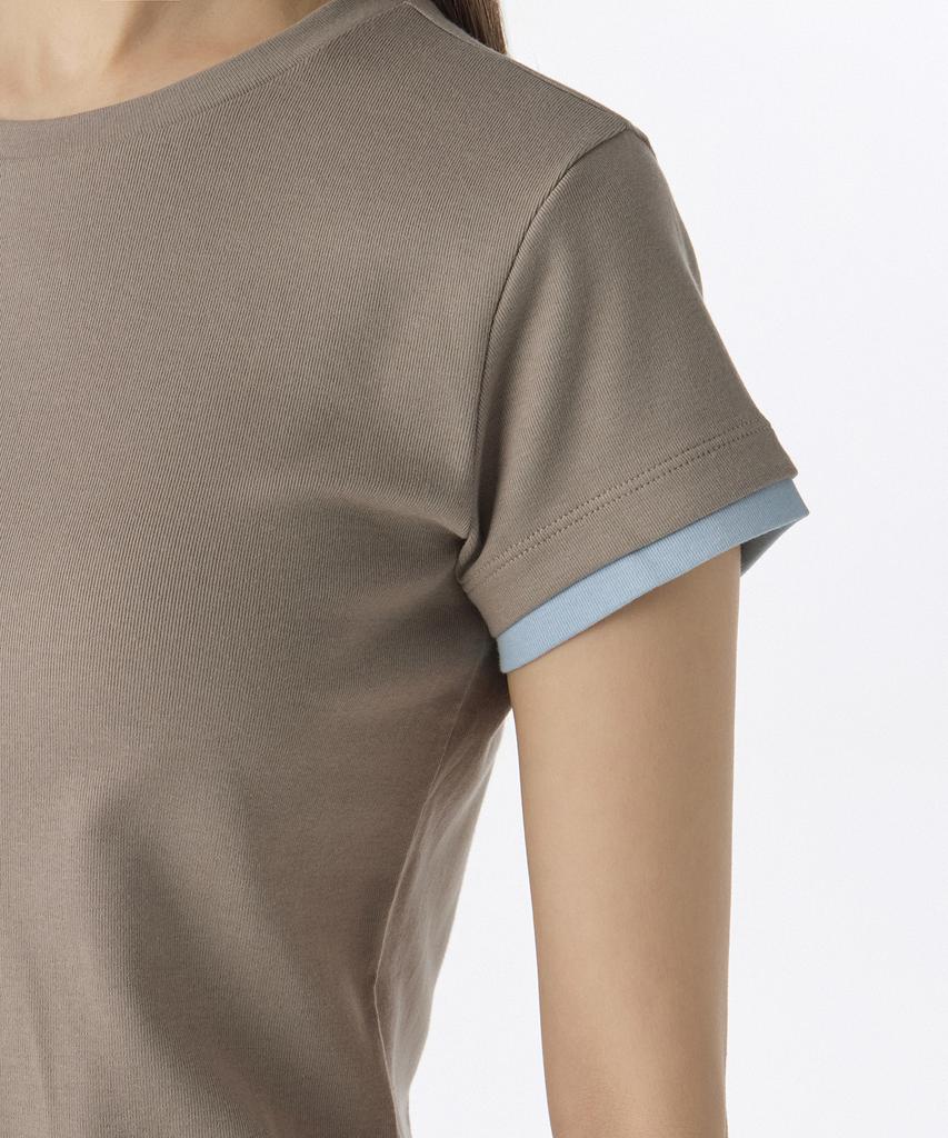 MUSINSA STANDARD WOMAN Women'S Layered Hem Slim T-Shirt [Taupe/Light Blue]