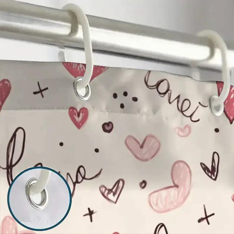 Love Heart Shower Curtain 1Pc – Hand-Drawn Words & Pink Hearts, Romantic Script Art For Valentine’S Day Or Bedroom Decor