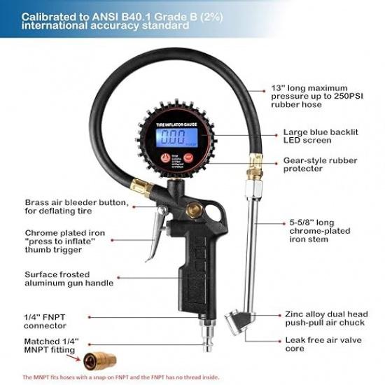 Digital Tire Inflator Pressure Gauge, LED Display Tyre Deflator Gage with Dual H