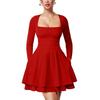 European & American Women's Square Neck Long Sleeve Slim Fit Short Dress - Beach Vacation Style