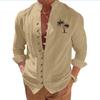 Coconut Tree Casual Printed Vintage Stand Collar Long-Sleeved Button-Down Men's Shirt