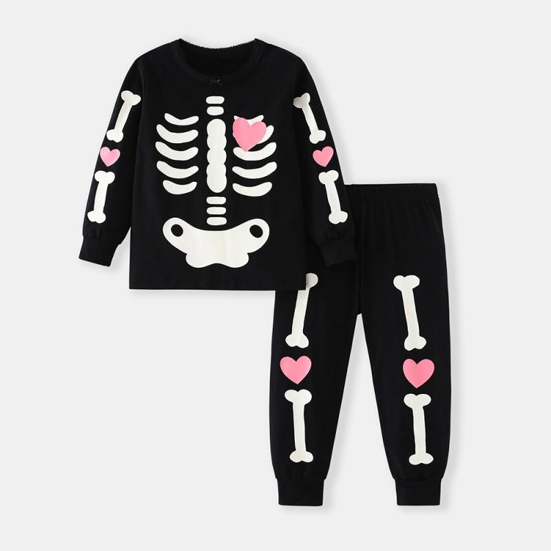 2025 Halloween Kids 2-Piece Pajamas Set Glow In Dark Cotton Blend Loungewear Toddler Boys Girls 3-8Y