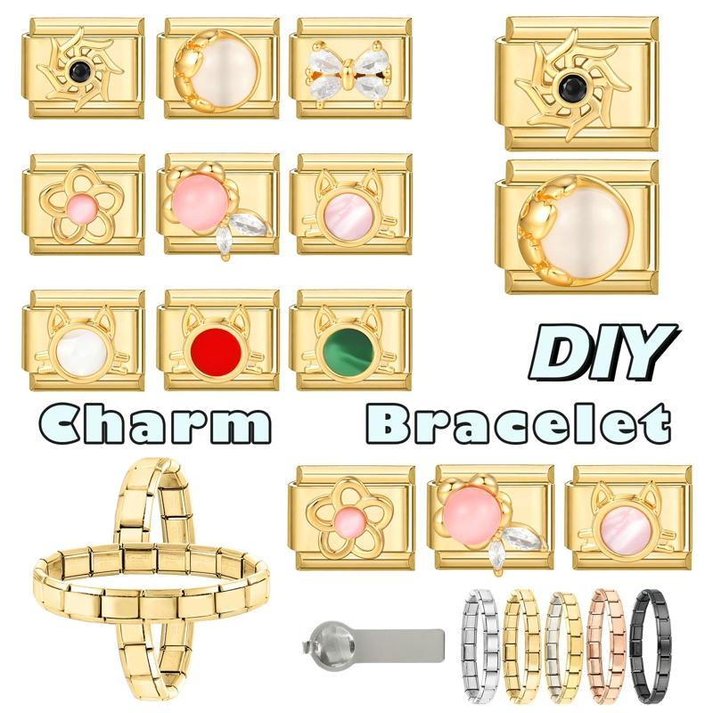 Vintage Golden Charm Zircon Butterfly Bow Cat Flower Italian Charm Links Fit 9MM Stainless Steel Bracelet Women DIY Making Gift