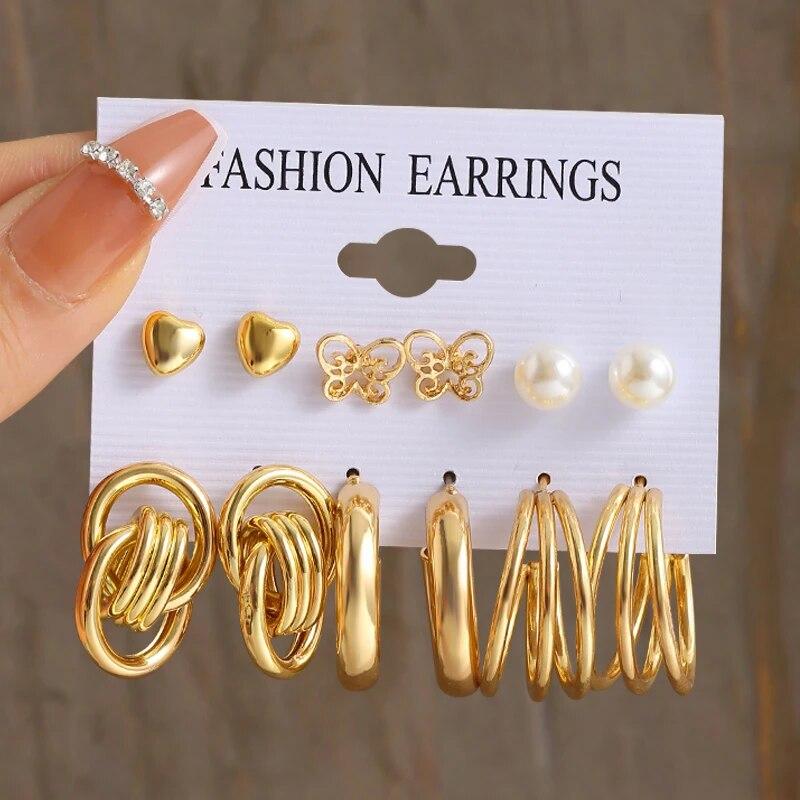 17KM Vintage Gold Color Hoop Earrings Set Pearl Metal Dangle Earrings for Women Crystal Twist Earrings Trendy Fashion Jewelry