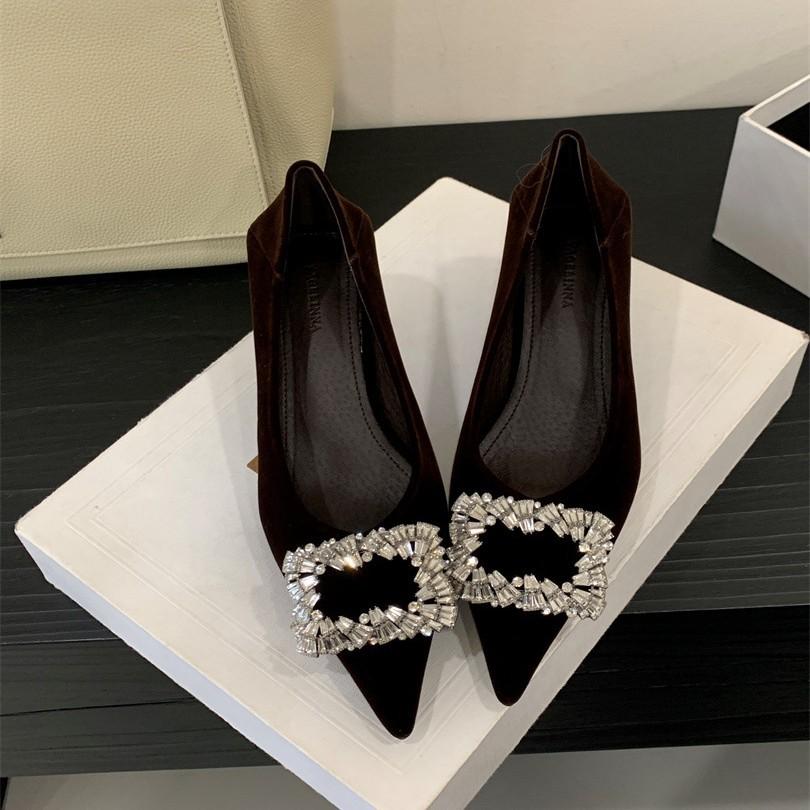 Temperament high heels black professional low heel 2025 spring and summer new pointed head shallow mouth square rhinestone thin heel single shoes gram