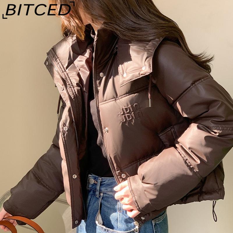 

BITCED Women s New Short-Length Winter Hooded Down-Filled Cotton Coat with PU-Resistant Leather and Thickened Cotton Lining XXL темно-коричневого