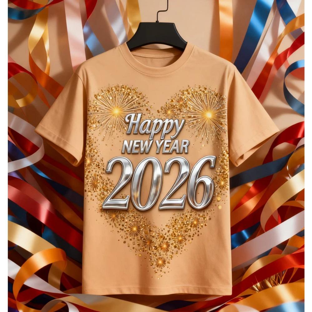 2026 New Year T-Shirt Fashion Men and Women's Happy New Year 2026 Print T-shirt Casual Crew Neck Short Sleeve Tees Top