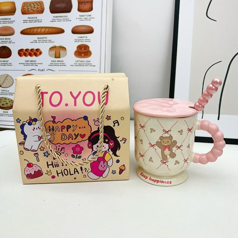 Cute High Value Cartoon Bear Mug with Lid Spoon Ceramic Water Cup for Girls Practical Birthday Gift for Friends