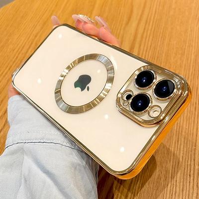 Magsafe Şeffaf Manyetik Kılıf Iphone 14 13 12 11 15 Pro Max Plus 14pro Yumuşak Silikon Altın Tam Lensli Kamera Kılıfı