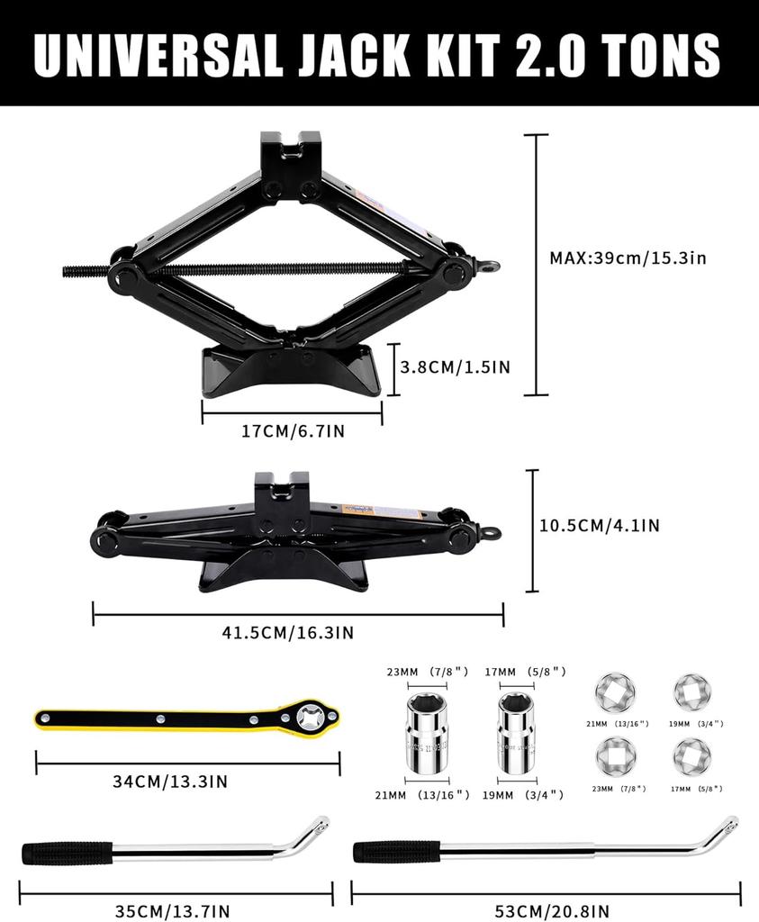 1.5-Ton Scissor Jack with Lug Nut Tool, Ratchet Wrench & Tire Gauge for Emergency Kit