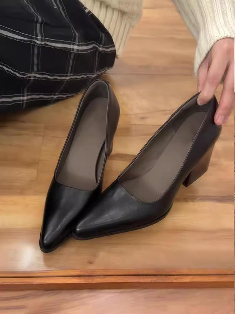 2025 Sheepskin Version~ Retro Thick Heel Pointed Temperament Black Medieval High Heels One Pedal Light Mouth Commuting Shoes
