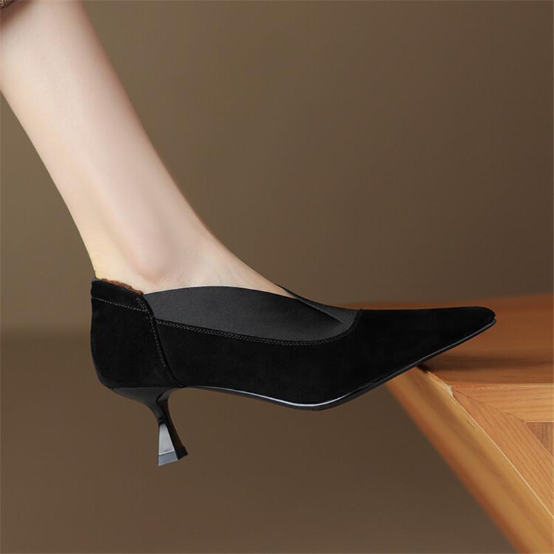 Mote Hot Ny Vår Sauesemsket Skinn Damesko Spiss Tå Plysj Damepumps Sko for Kvinner Høye Hæler Dyp Munn Loafers Zapatos Mujer