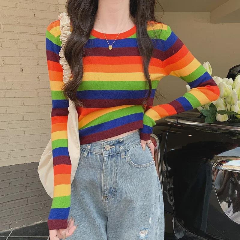 2025 Slim Fit Korean Rainbow Striped Navel-Baring Sweater