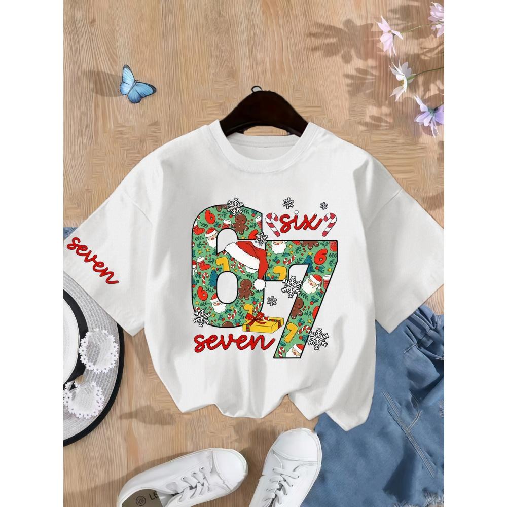 Kinderkleding Grappige Kerst 67 Meme Grafische Print T-shirt Casual Ronde Hals Korte Mouw Sneldrogende T-shirts voor Kinderen