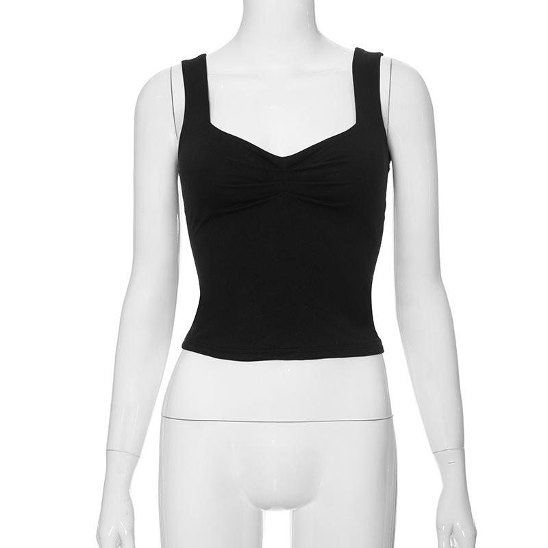 Dames T-shirt Lente Slim Fit Patchwork Cropped met Vierkante Hals en Lichte Plooitjes, Europese & Amerikaanse Stijl.