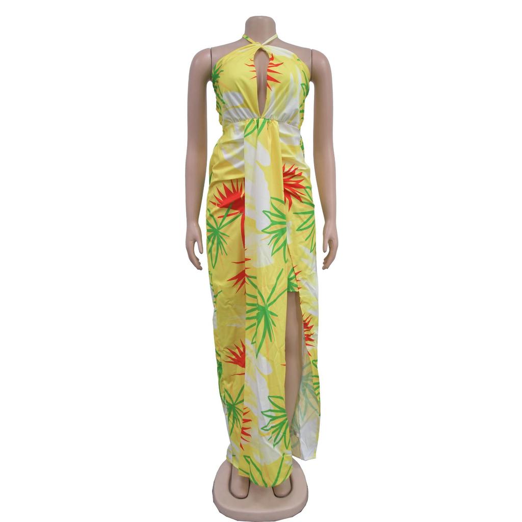 C6921 European & American Style Women's Printed Backless Lace-up Long Dress