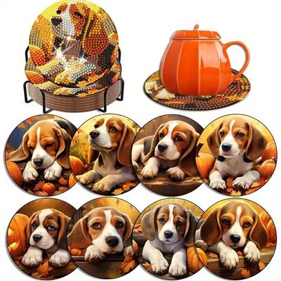 8 parça/takım hayvan köpek desenli elmas boyalı bardak altlığı seti tutucu ile DIY bardak altlığı yeni başlayanlar ve yetişkinler için, sanat ve el işi malzemeleri hediye