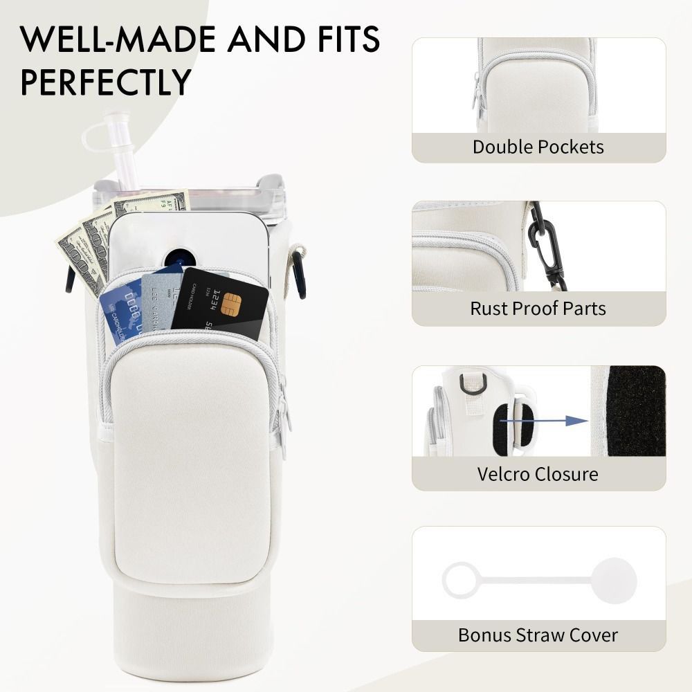 3 Pockets Water Bottle Holder Pouch With Phone Pocket with Keychain & Mountaineering Button Water Cup Bags Adjustable Strap