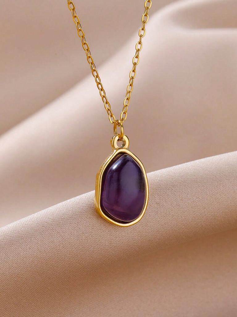 1pc Women's Stainless Steel Asymmetrical Purple Natural Stone Pendant Necklace, Fashion Accessory For Daily Wear