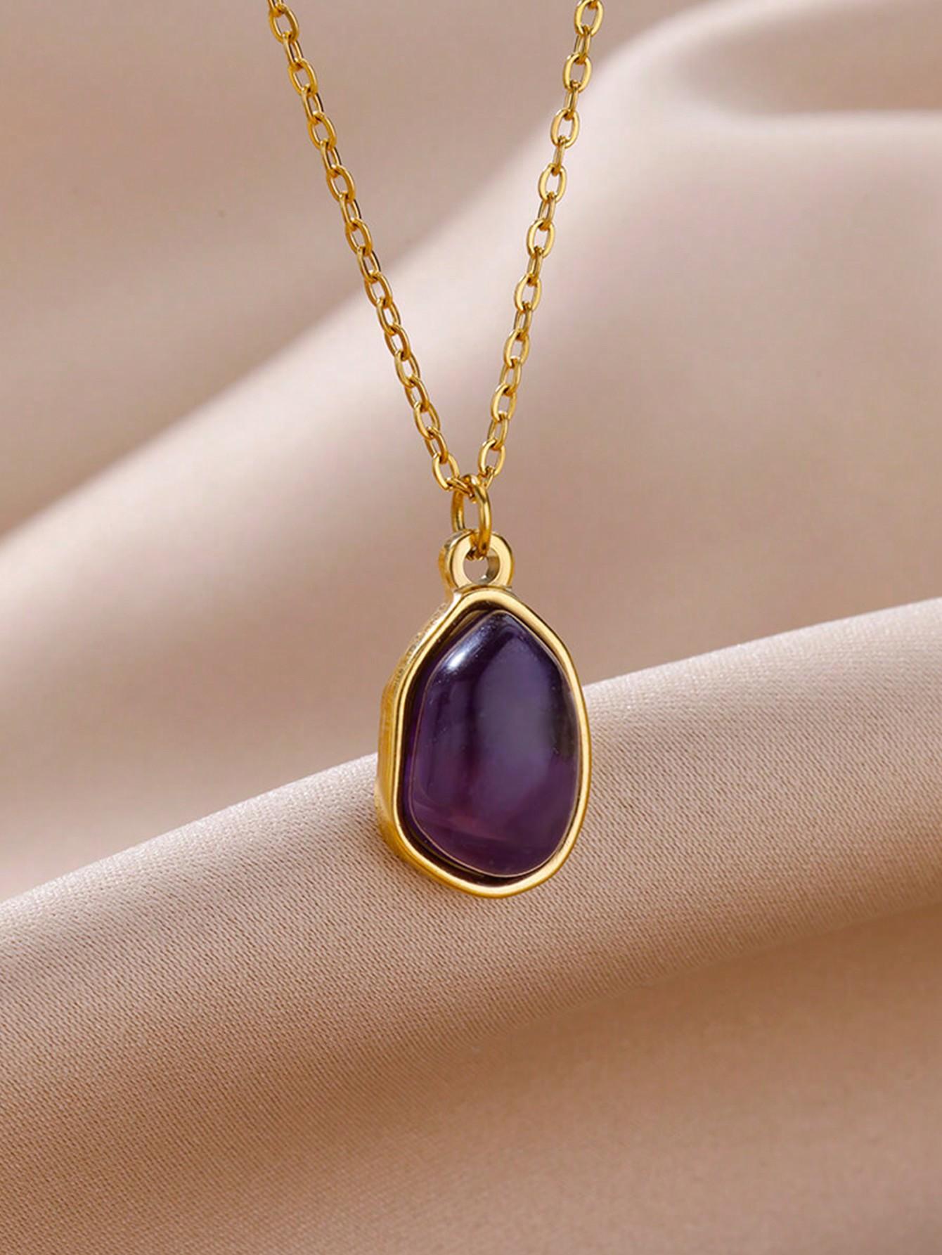 

1 шт. Женское ожерелье-подвеска из нержавеющей стали с асимметричным фиолетовым натуральным камнем, модный аксессуар для повседневной носки