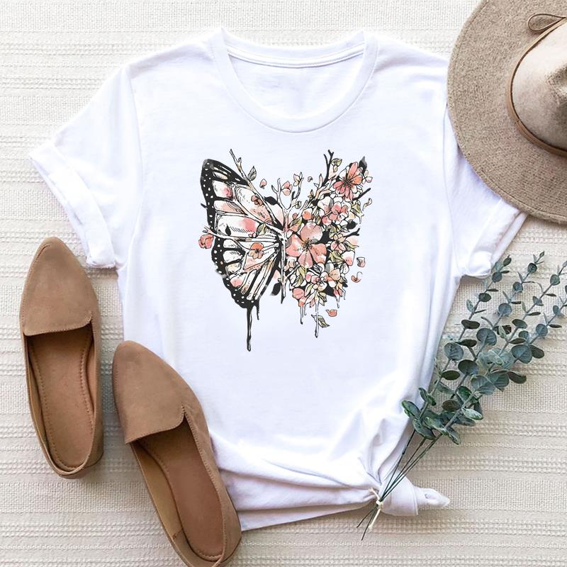 Taille européenne Femme Papillon Mignon Tendance Dessin Animé Mignon Impression Tee Haut Mode T-shirt Femme Vêtements T Manches Courtes T-shirts Graphiques