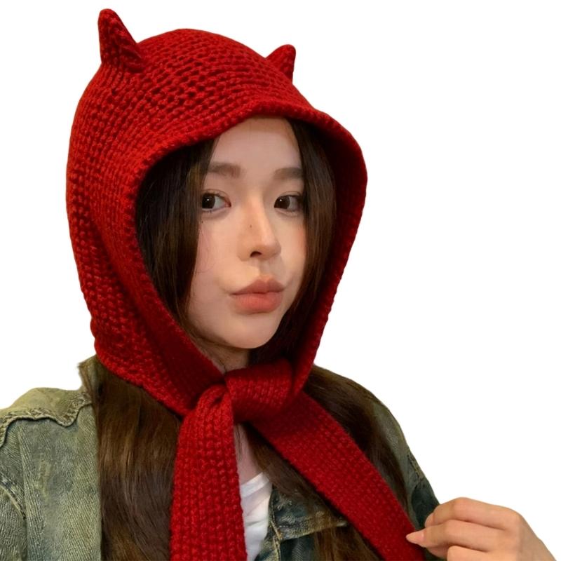 Lovely Devil Ear Knit Hat With Neck Wrap Breathable Pullover Hat For Women Daily Outfit and Outdoor Cycling Walking