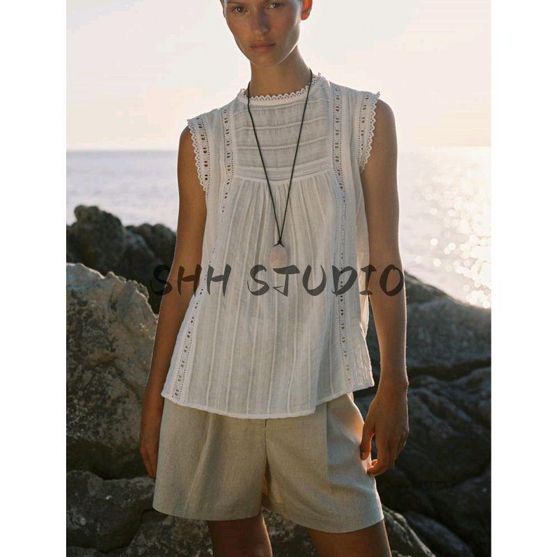 Summer New Product Women's Clothes Romantic Style Frill Decoration Vertical Lacework round-Neck Sleeveless Tops 1821121