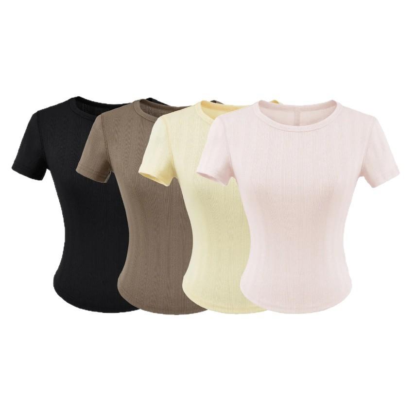 Jacquard Round Neck Short-sleeved T-shirt Women's Summer New American Spice Girl Style Solid Color Short Slim Bottoming Top