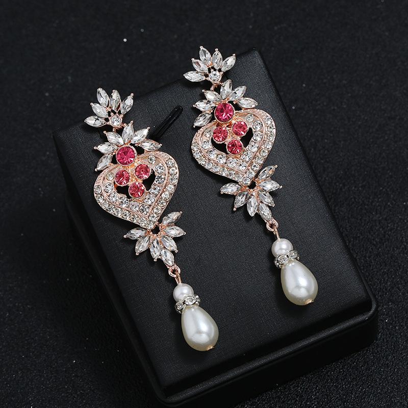 Exaggerated Heart-Shaped Pearl  Rhinestone Dangle Earrings for Women