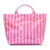This Water-Resistant Pvc Tote Bag Features A Pink And Blue Striped Design, A Large Capacity, And Is Suitable For Beach Shopping,