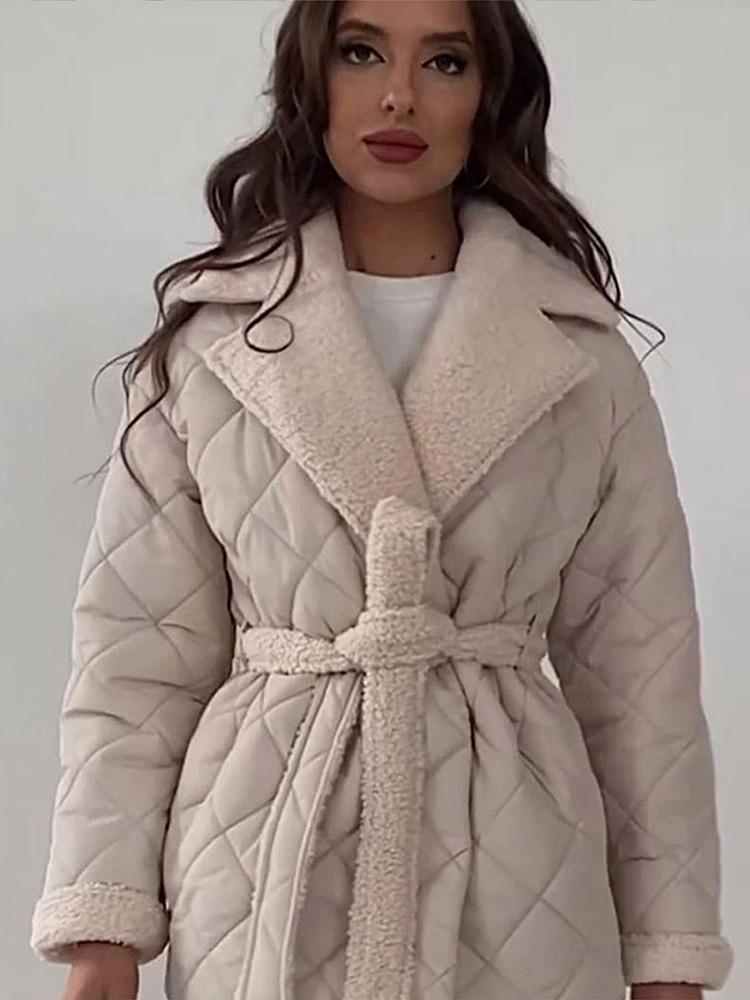 Women's Collar Tied Waistband Jacquard Thick Jacket Top