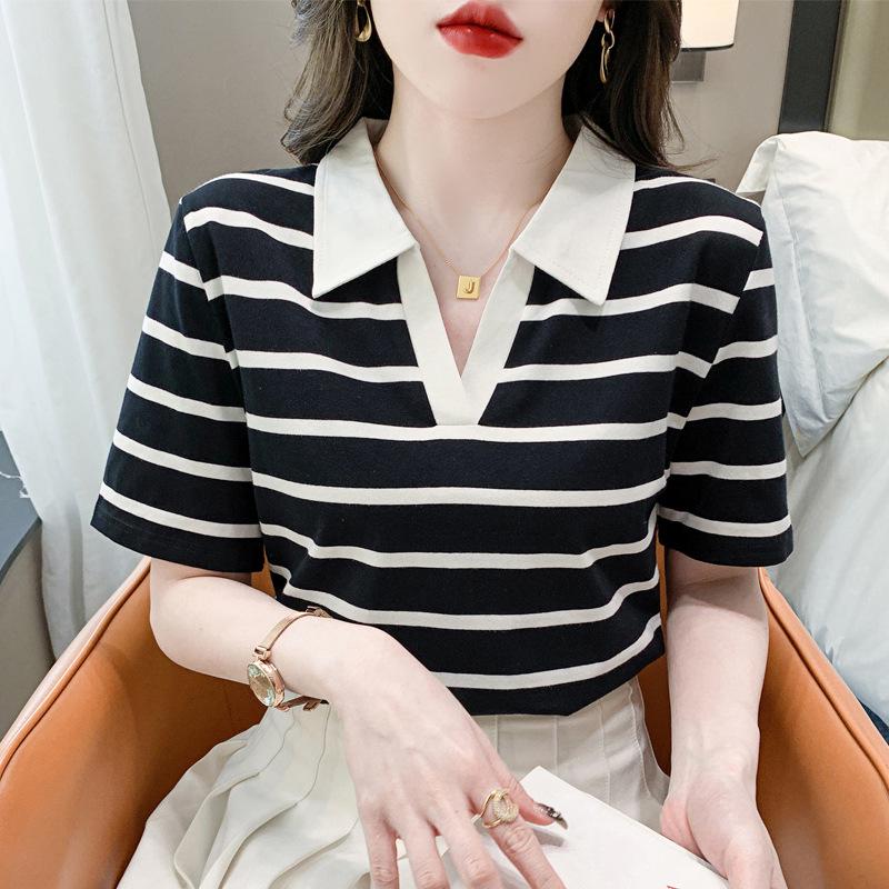 Женская летняя 2025 года стройнящая вышитая полосатая футболка с воротником-поло L